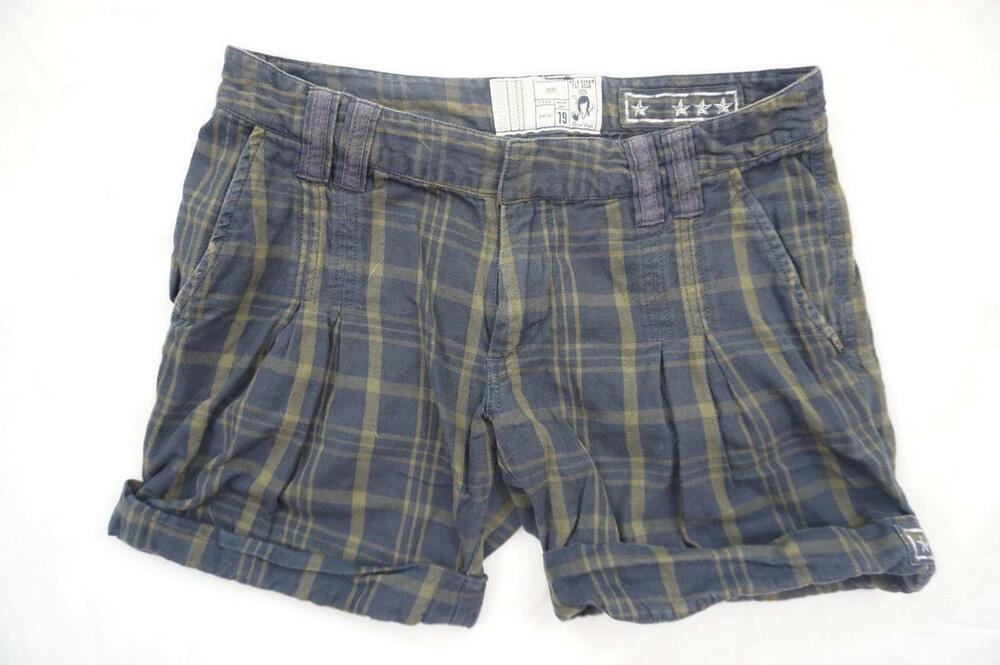Vintage Y2K DIESEL FLY DECK WOMEN 28 BLUE/GREEN PLAID PLEATED COTTON SHORTS